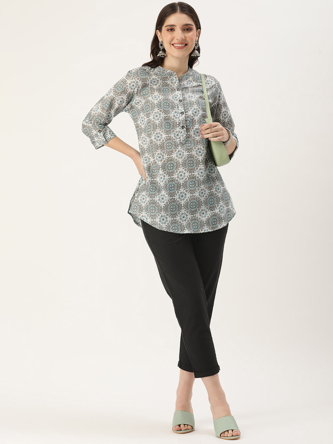 White & Grey Mandarin Collar Printed Ethnic Tunic