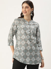 White & Grey Mandarin Collar Printed Ethnic Tunic