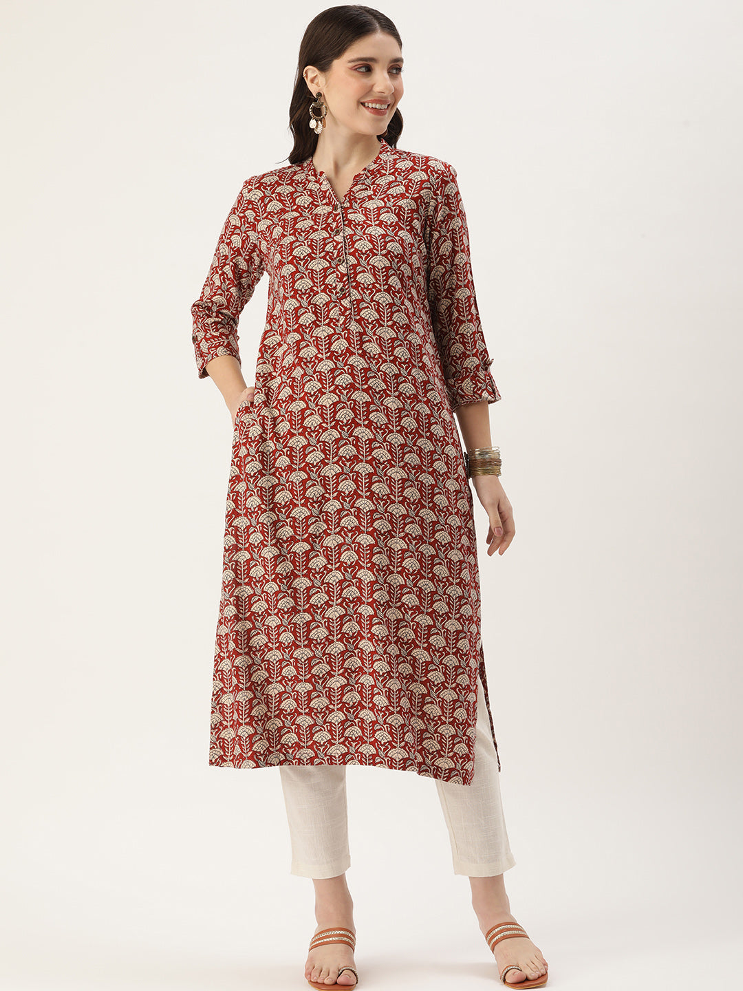 Rust Floral Printed Mandarin Collar Kurta