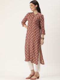 Rust Floral Printed Mandarin Collar Kurta