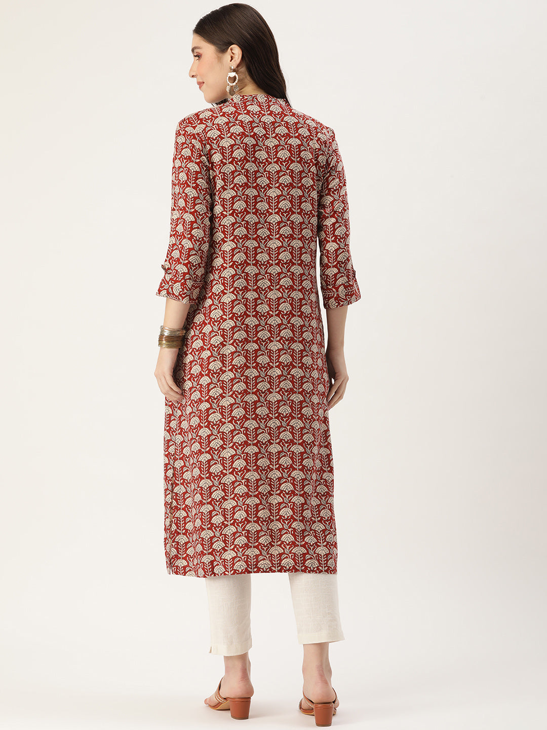 Rust Floral Printed Mandarin Collar Kurta