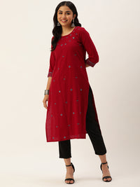 Red Embroidered Mirror Work Straight Kurta