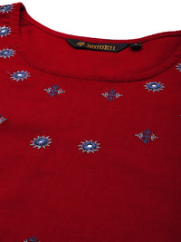 Red Embroidered Mirror Work Straight Kurta