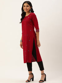 Red Embroidered Mirror Work Straight Kurta