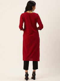 Red Embroidered Mirror Work Straight Kurta