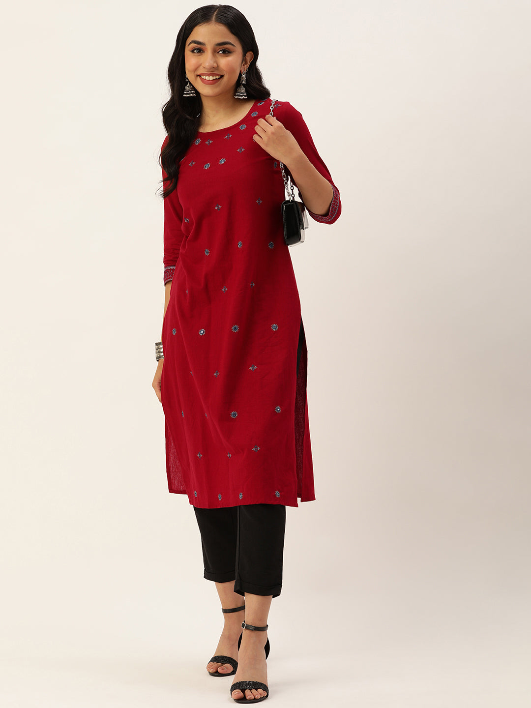 Red Embroidered Mirror Work Straight Kurta