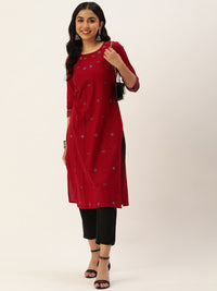 Red Embroidered Mirror Work Straight Kurta