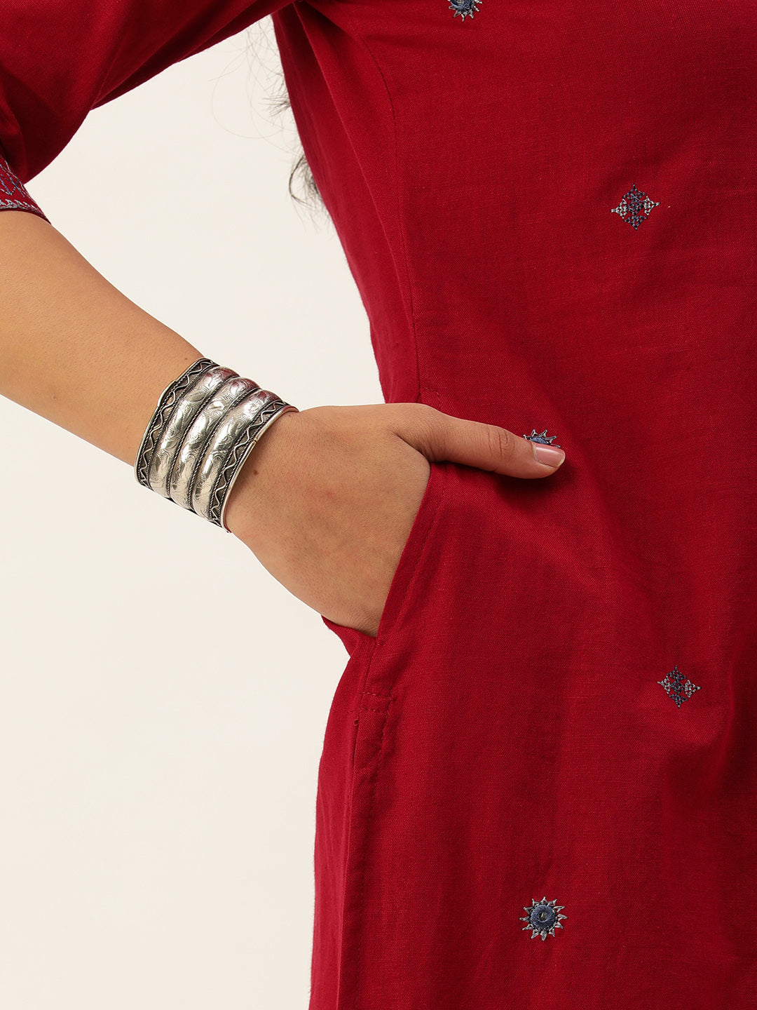 Red Embroidered Mirror Work Straight Kurta