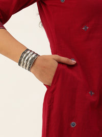 Red Embroidered Mirror Work Straight Kurta