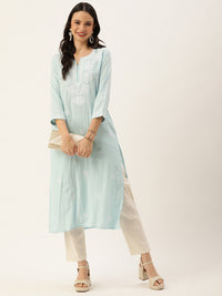 Blue Ethnic Motifs Embroidered Straight Kurta