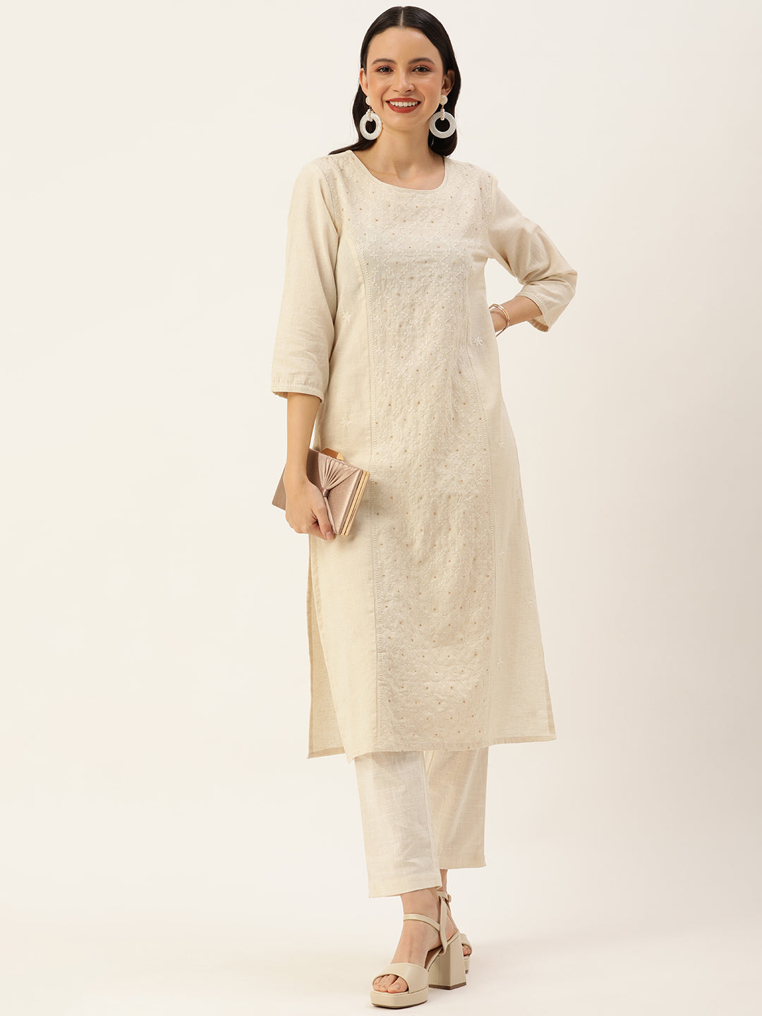 Beige Floral Embroidered Straight Kurta