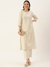 Beige Floral Embroidered Straight Kurta