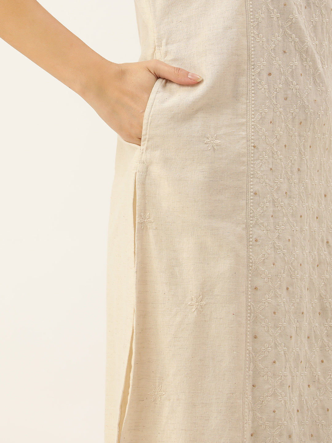 Beige Floral Embroidered Straight Kurta