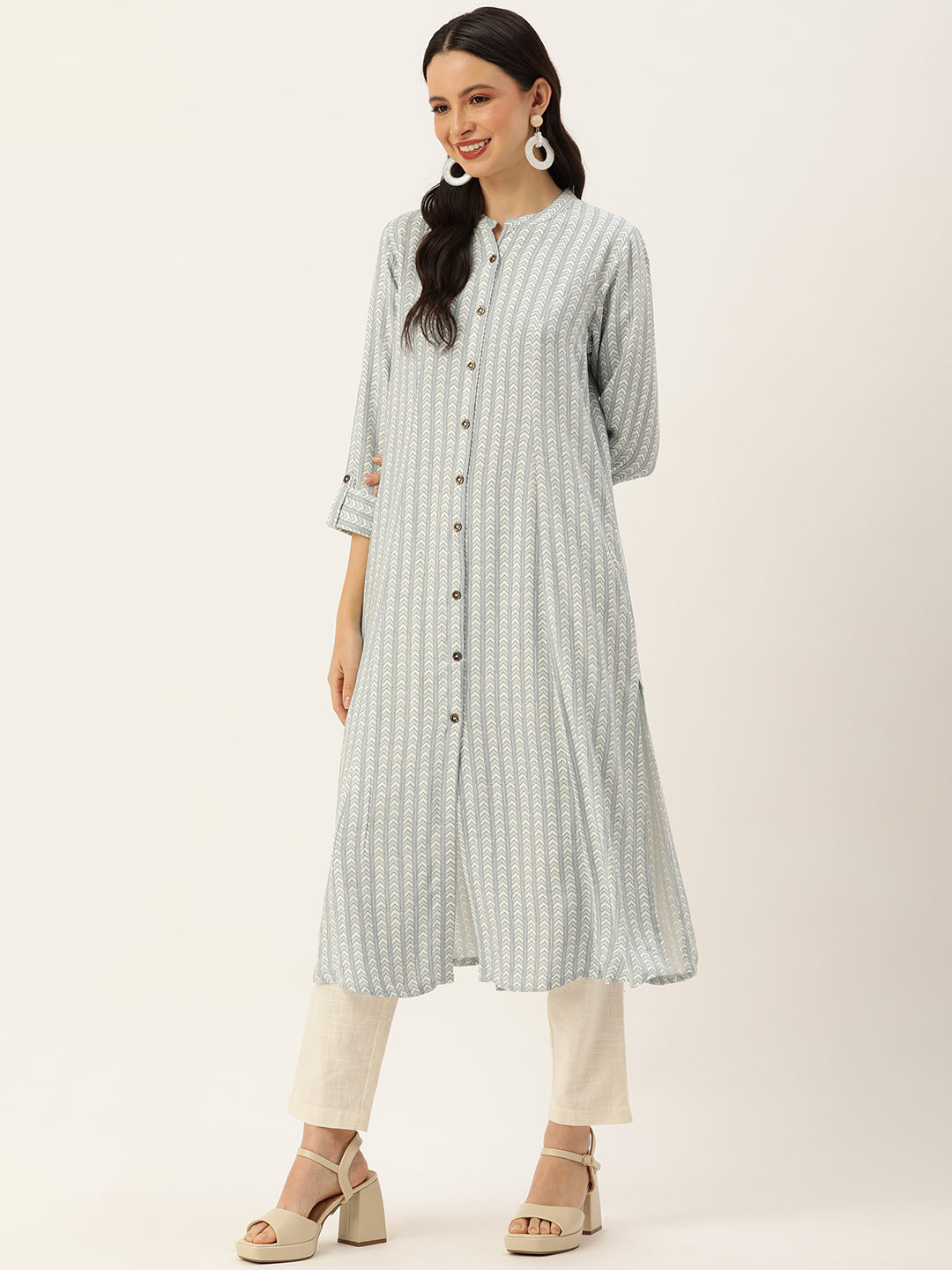 White Abstract Printed A-Line Kurta