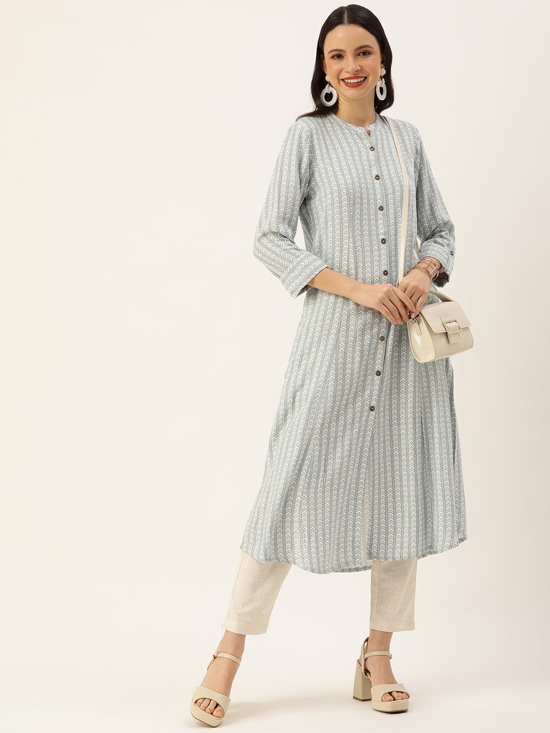 White Abstract Printed A-Line Kurta