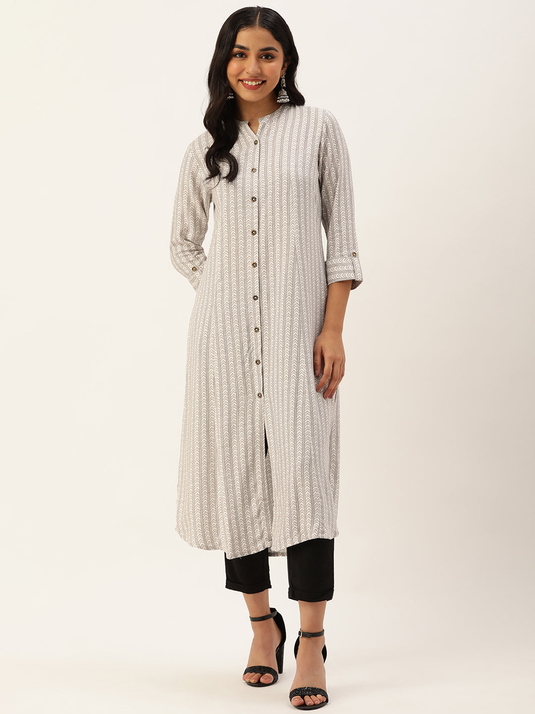 White Abstract Printed A-Line Kurta