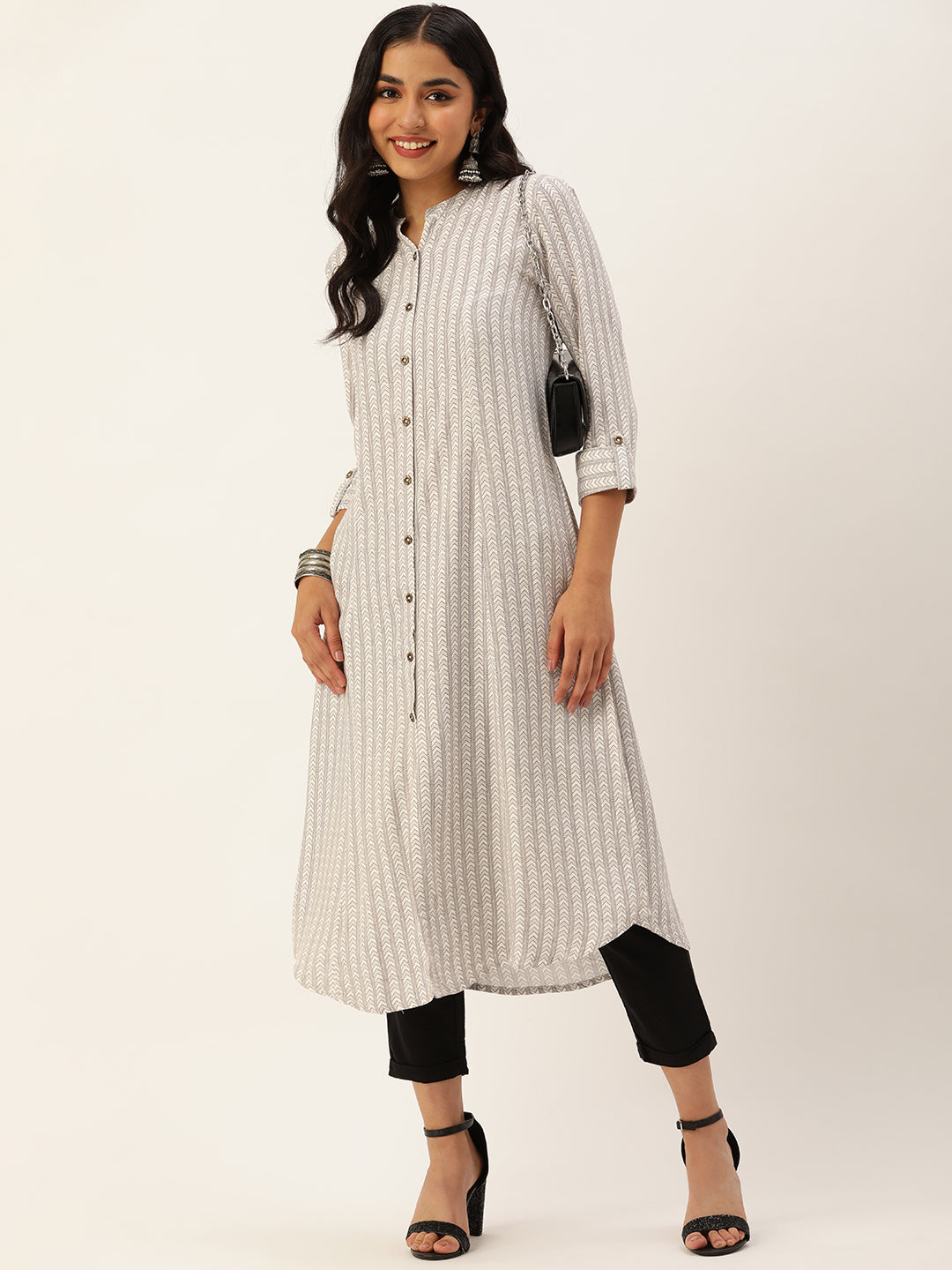 White Abstract Printed A-Line Kurta