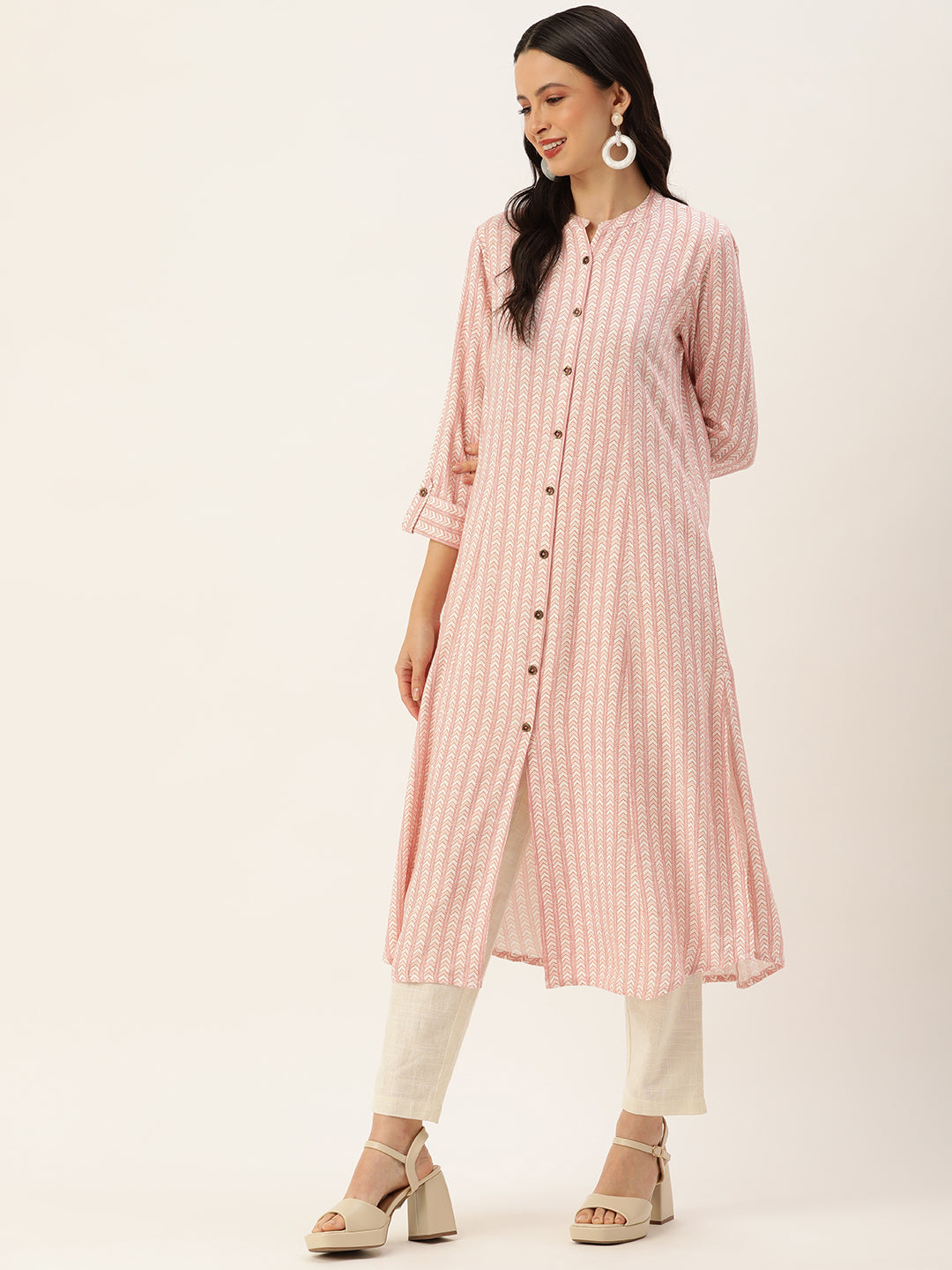 White & Pink Abstract Printed A-Line Kurta