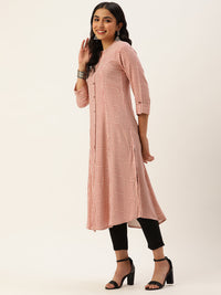 White & Pink Geometric Printed A-Line Kurta