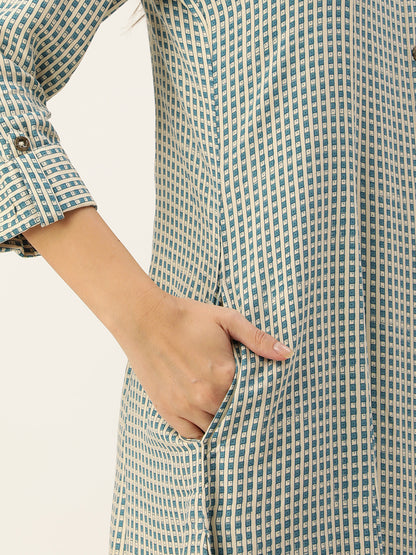 White & Blue Geometric Printed A-Line Kurta