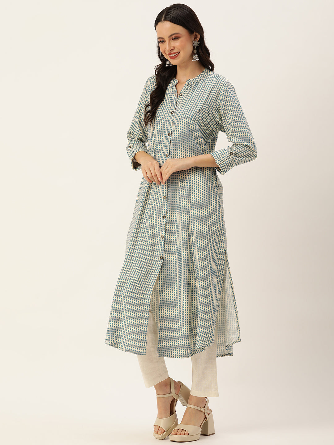White & Blue Geometric Printed A-Line Kurta