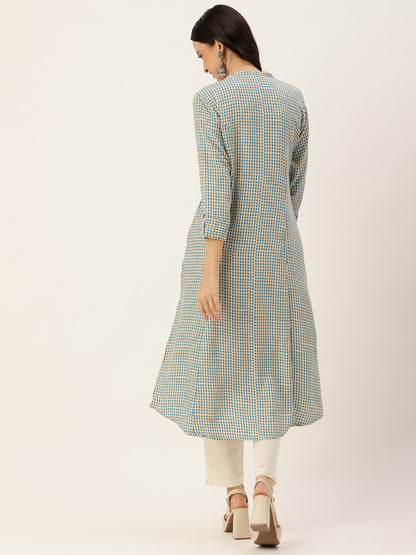 White & Blue Geometric Printed A-Line Kurta