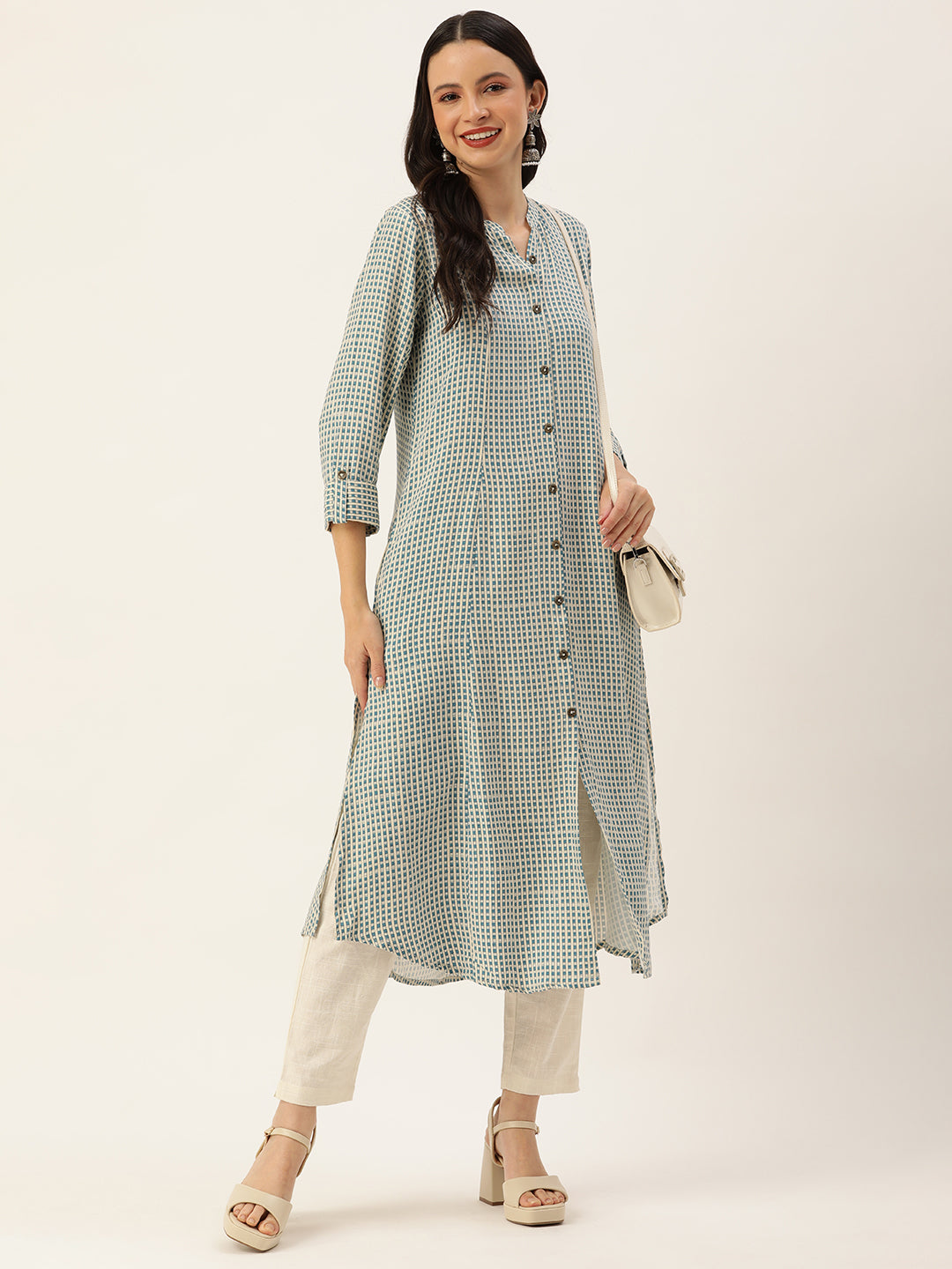 White & Blue Geometric Printed A-Line Kurta