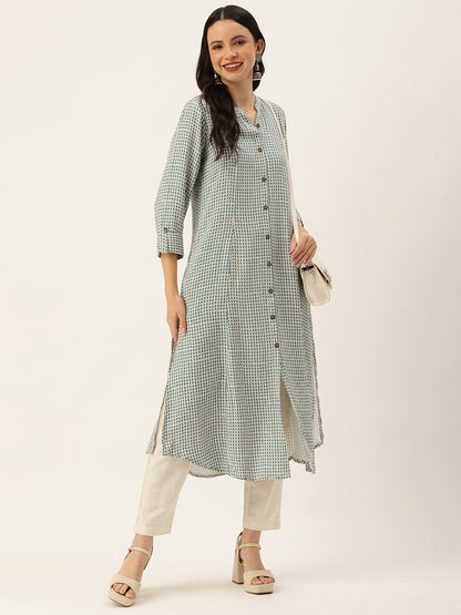 White & Blue Geometric Printed A-Line Kurta