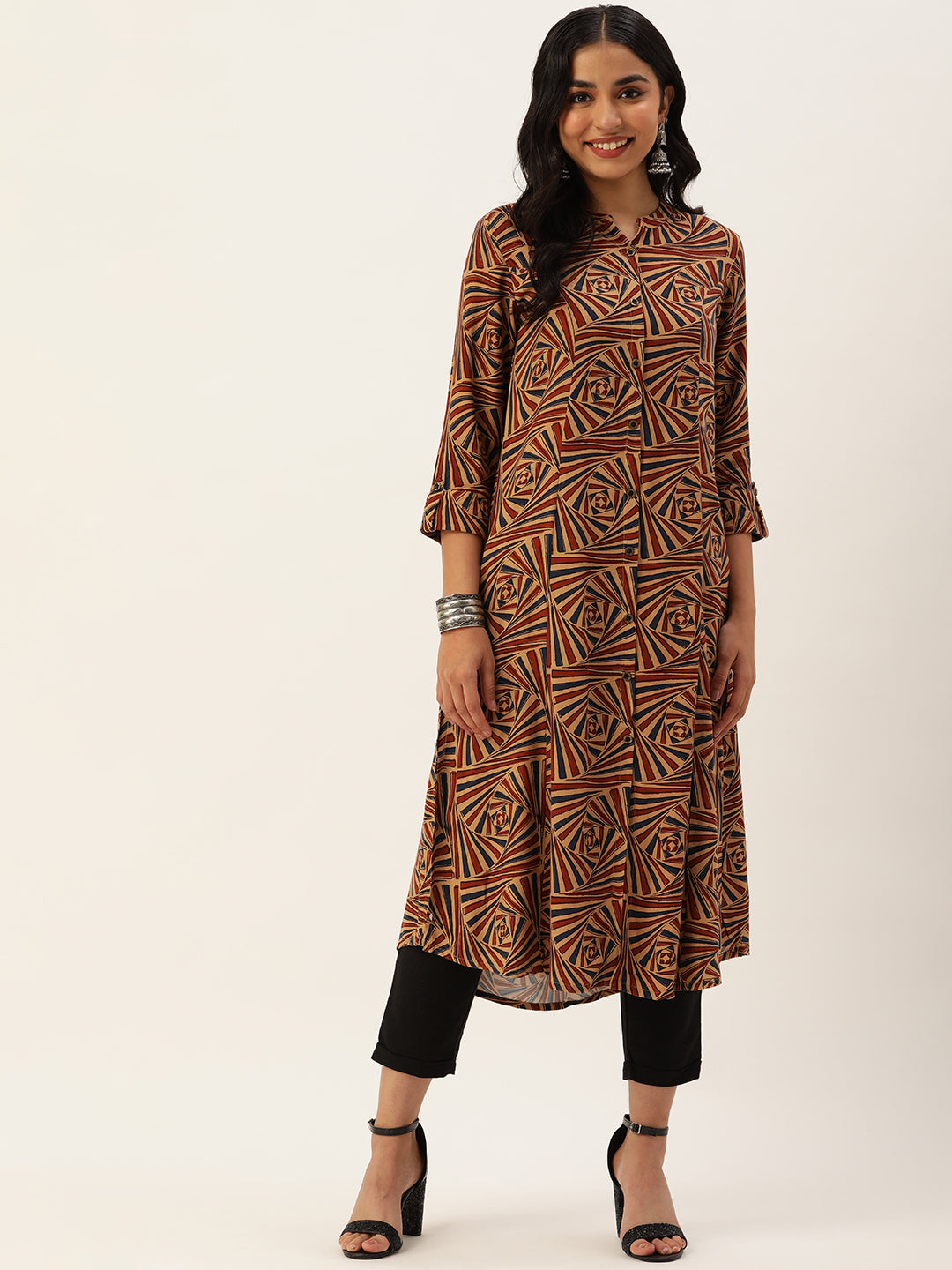 Beige Abstract Printed A-Line Kurta