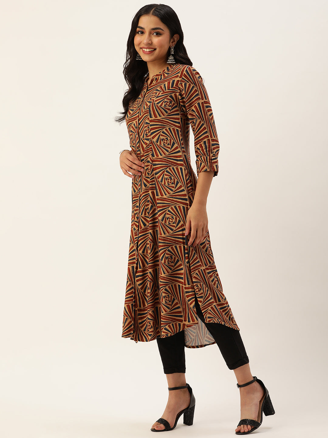 Beige Abstract Printed A-Line Kurta