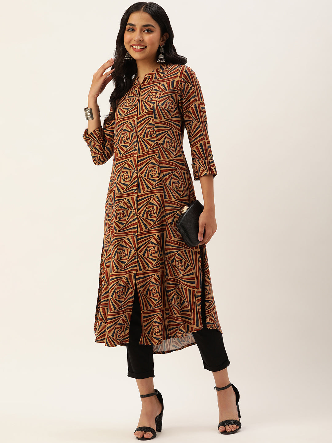 Beige Abstract Printed A-Line Kurta