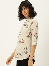 Beige Floral Printed Mandarin Collar Tunic