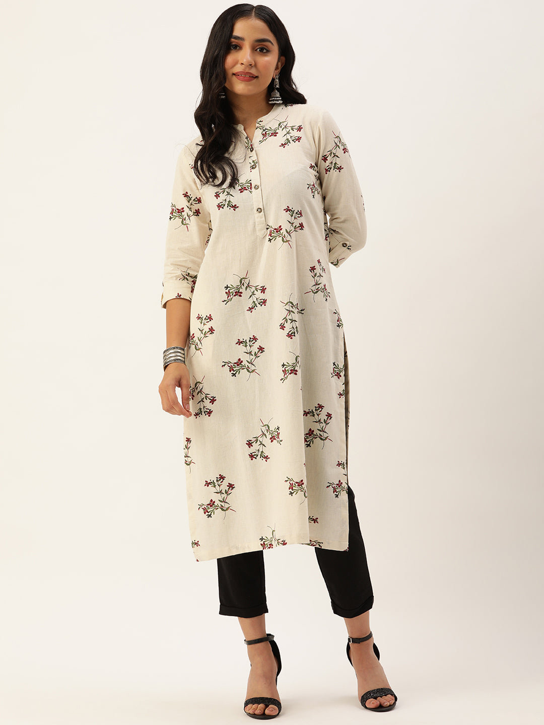 Beige Floral Printed Straight Kurta