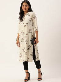 Beige Floral Printed Straight Kurta