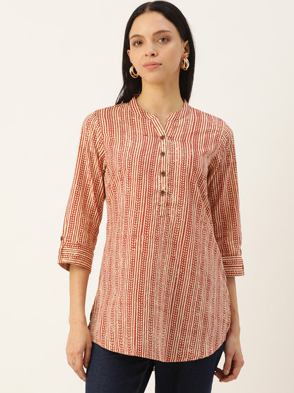 Beige & Brown Mandarin Collar Tunic