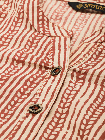 Beige & Brown Mandarin Collar Tunic