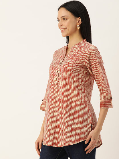 Beige & Brown Mandarin Collar Tunic