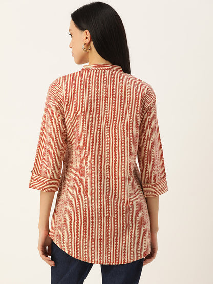 Beige & Brown Mandarin Collar Tunic