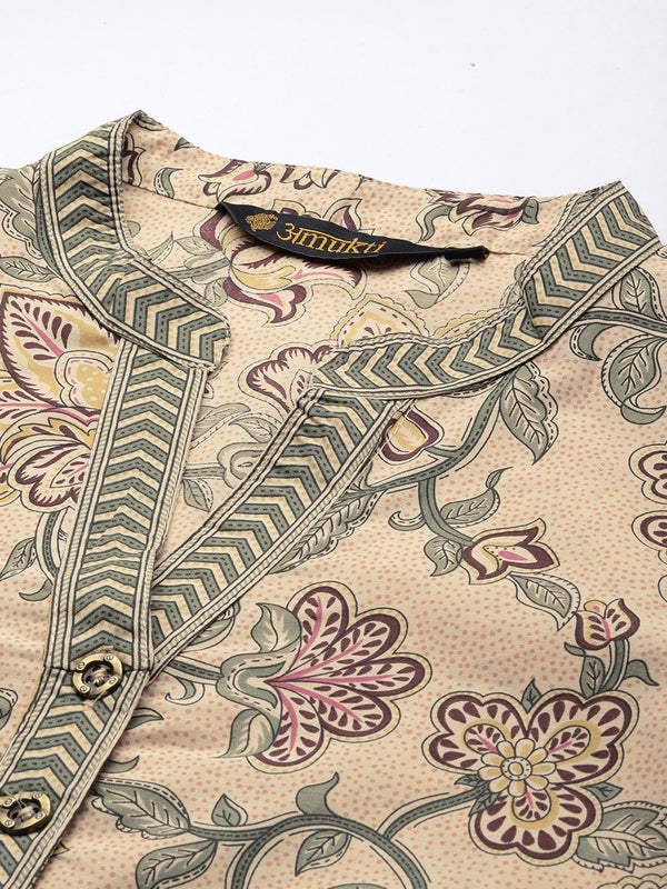 Beige & Grey Ethnic motifs Printed Straight Kurta