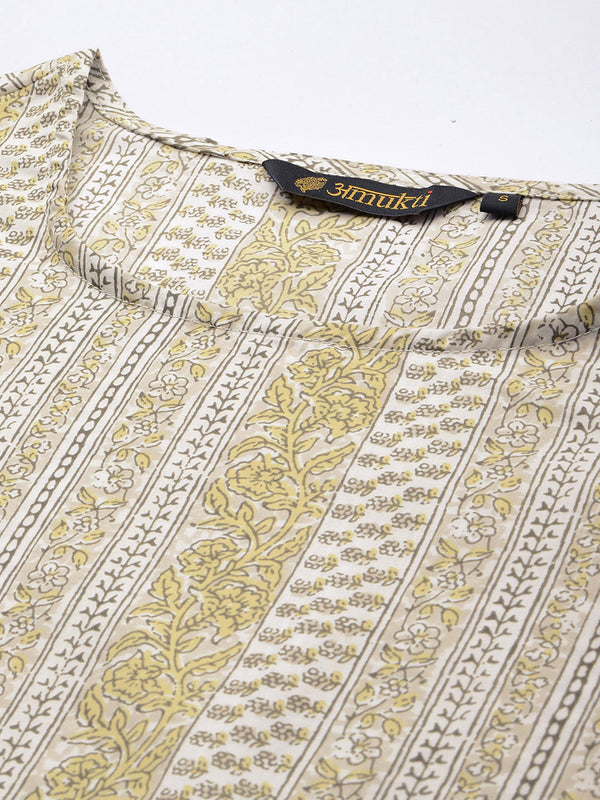 Beige & Yellow Floral Printed Straight Kurta