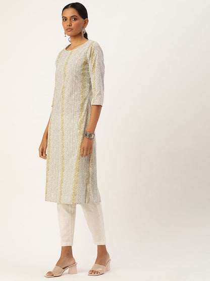 Beige & Yellow Floral Printed Straight Kurta