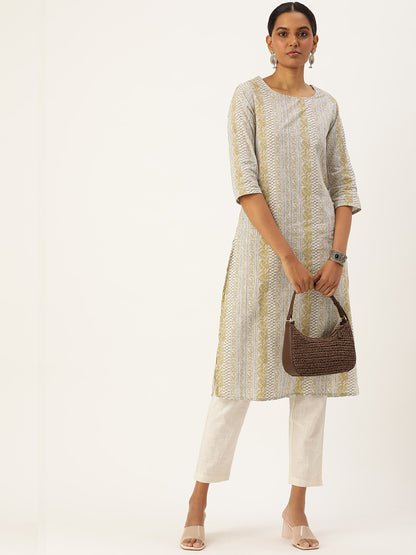 Beige & Yellow Floral Printed Straight Kurta