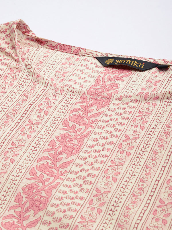 Beige & Pink Floral Printed Straight Kurta