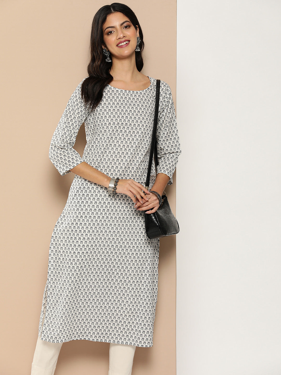 Grey Floral Printed Kurta