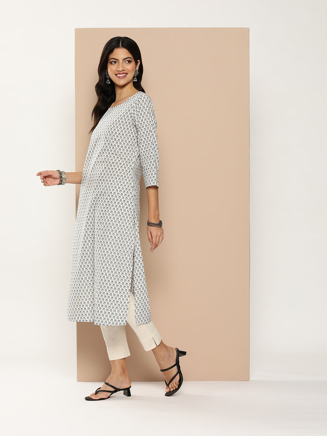 Grey Floral Printed Kurta