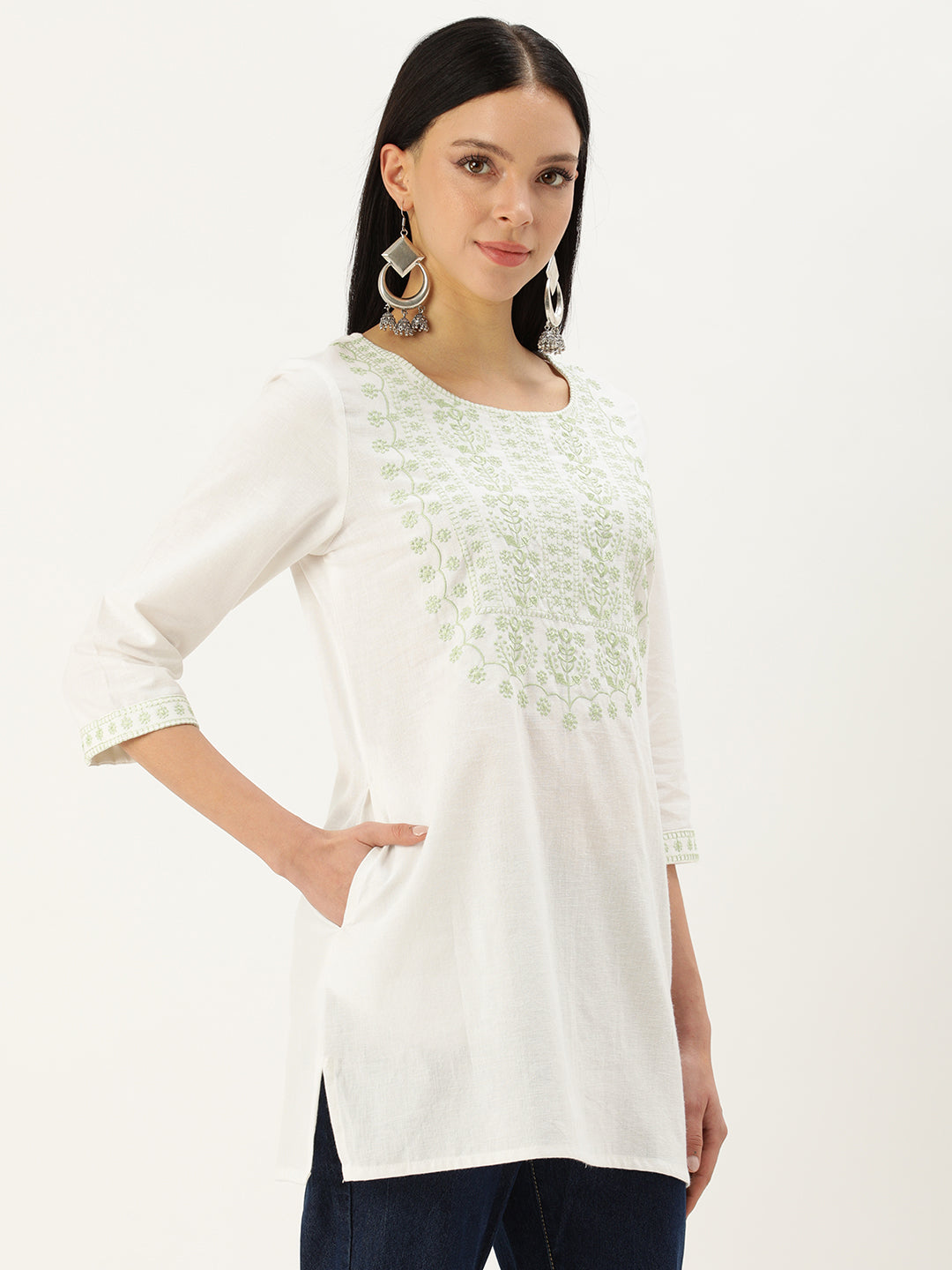 White & Green Embroidery Tunic