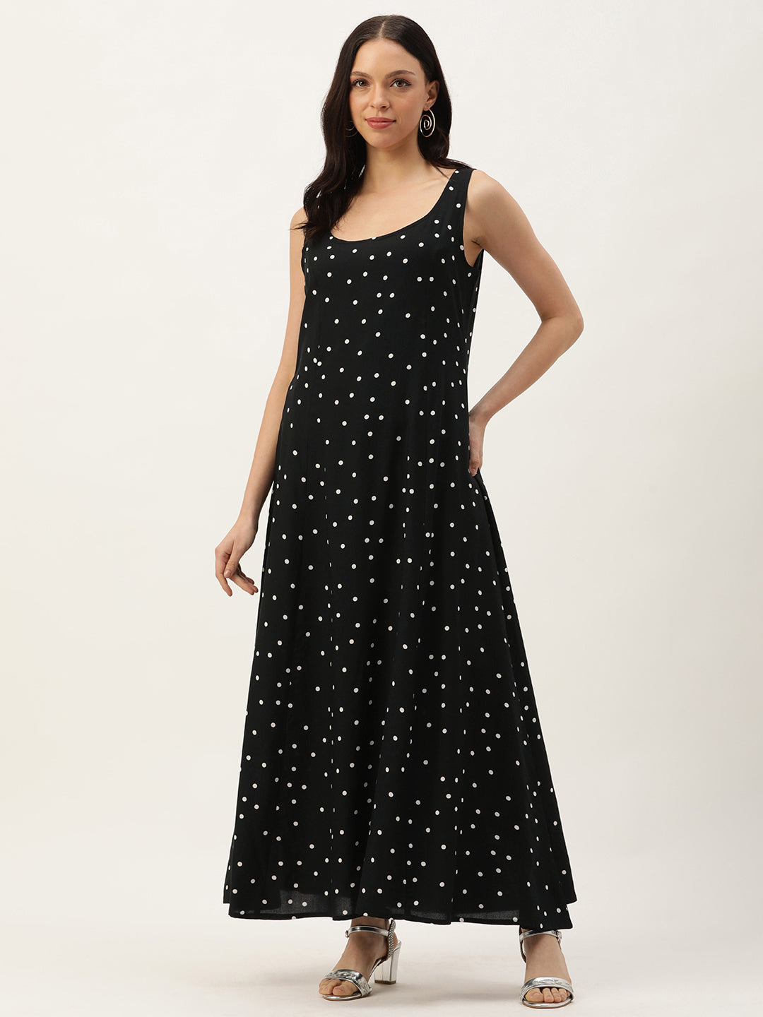 Black & White Polka Dots Printed Maxi Dress with a pocket