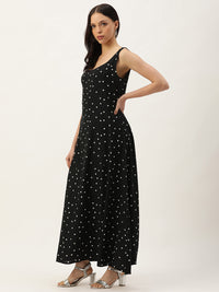 Black & White Polka Dots Printed Maxi Dress with a pocket