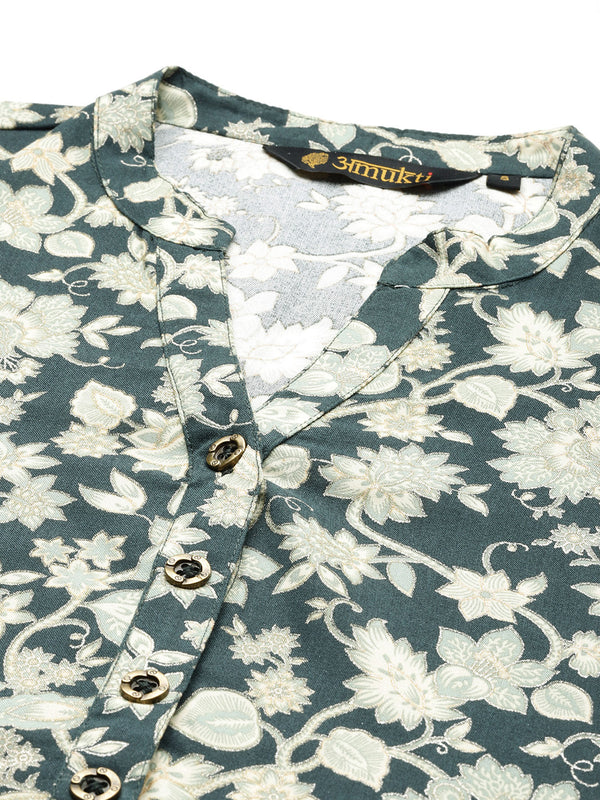 Blue Floral Printed Mandarin Collar Roll-Up Sleeves Kurta with a pocket 