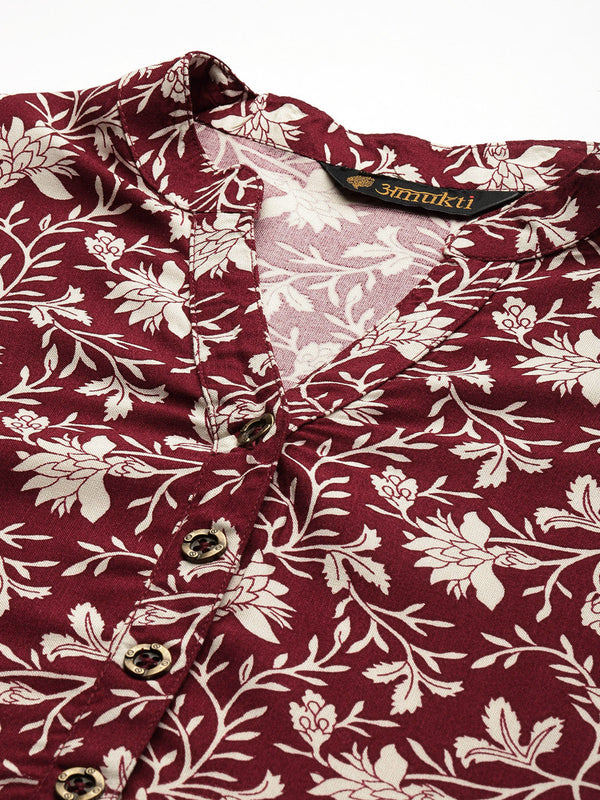 Maroon Floral Printed Mandarin Collar Roll-Up Sleeves Kurta with a pocket 